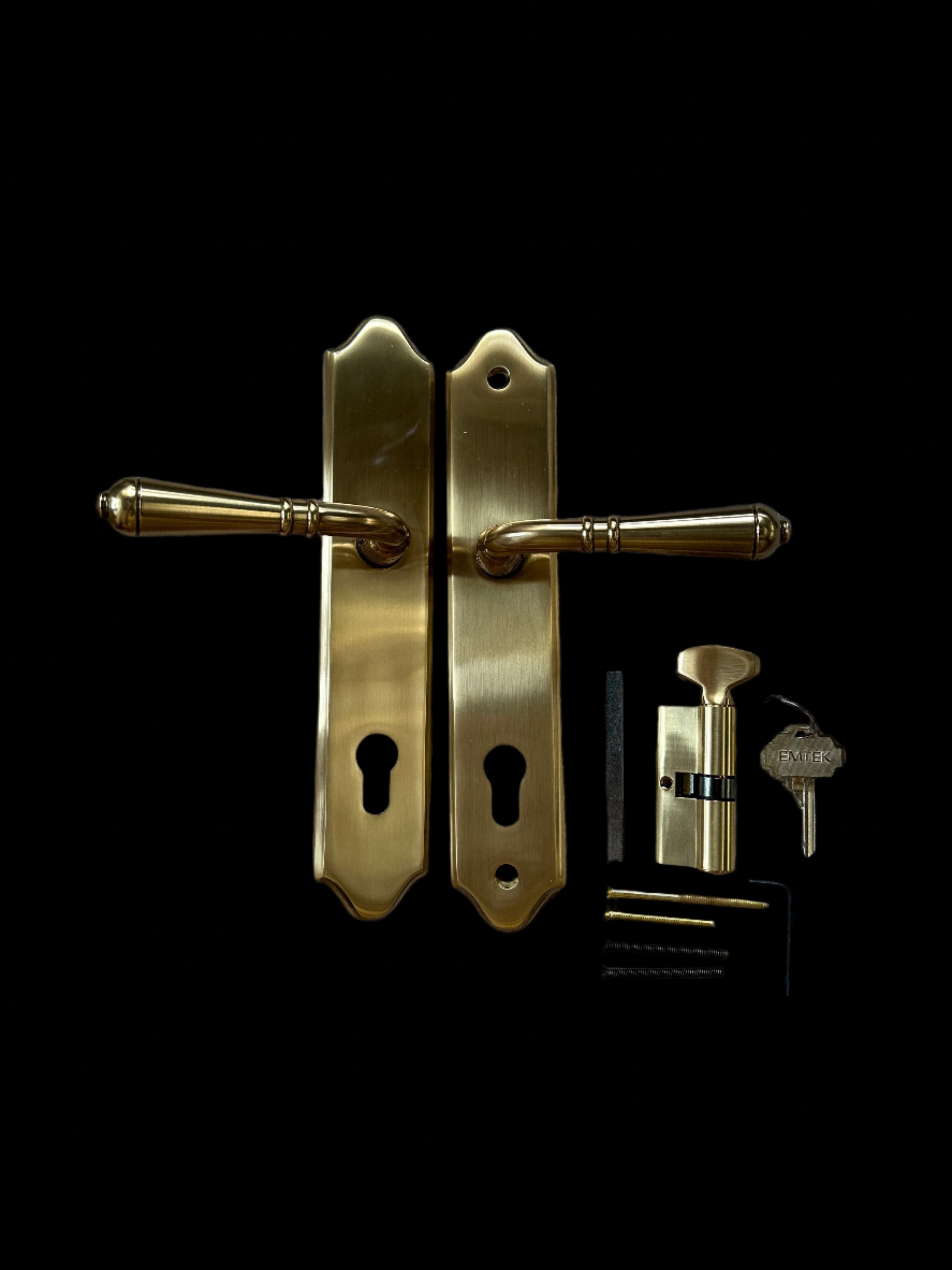 Emtek 1581US7 Left Handle Classic Brass Door Configuration 5 Keyed Entry Multi Point Trim Lever Set with European Cylinder Below Handle - READ