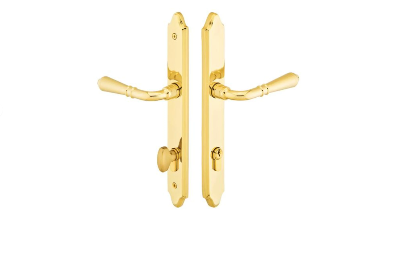 Emtek 1581US7 Right Handle Classic Brass Door Configuration 5 Keyed Entry Multi Point Trim Lever Set with European Cylinder Below Handle - READ|