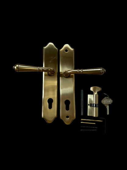 Emtek 1581US7 Left Handle Classic Brass Door Configuration 5 Keyed Entry Multi Point Trim Lever Set with European Cylinder Below Handle - READ