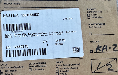 Emtek 1581US7 Right Handle Classic Brass Door Configuration 5 Keyed Entry Multi Point Trim Lever Set with European Cylinder Below Handle - READ|